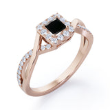1.25 Carat Princess Cut Black Diamond - Half Crossover Pave - Halo Engagement Ring in White Gold