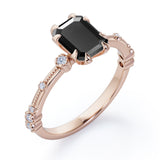 Sharp Eight Claws 1.10 Carat Emerald Cut Black Diamond Beaded Engagement Ring In White Gold