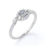 Swirl Halo 1 Carat Round Colorless Moissanite and Diamond French Pave Engagement Ring in Rose Gold