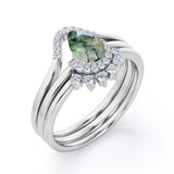 Crown Bezel Set 1 Carat Teardrop Shape Genuine Druzy Moss Green Agate and Matching Diamond Pave Band Trio Ring Sets