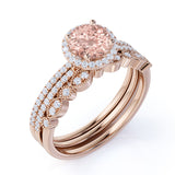 Designer 2 Carat Round Cut Peach Morganite and Diamond Trio Wedding Ring Set in 10k White Gold Celebrity Ring
