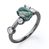 Unique 1 carat Oval Five Stone Ring With Petite Moss Green Agate and Diamond in White Gold