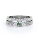 Handmade Antique 1 carat Round Moss Agate and Moissanite 3 Stones Bridal Ring Set in White Gold