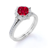 Unique Floral Design 2 Carat Cushion Cut Lab Ruby and Diamond Halo Wedding Set in White Gold