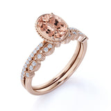 Flawless 1.50 Oval Cut Peach Morganite and Diamond Bridal Wedding Ring Set in 10k Rose Gold for Women
