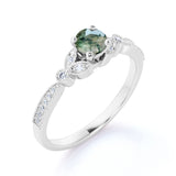 Vintage Prong Leaf Design 1.75 Carat Round Cut Milky White Dendritic Moss Green Agate and Diamond Art Deco Engagement Ring