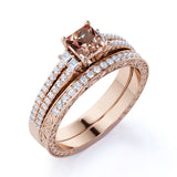 Limited Time Sale: 2 Carat Princess cut Morganite and Diamond Halo Art Deco Wedding Ring Set in Yellow Gold