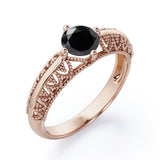 Beaded Four Prong 1 Carat Round Cut Black Diamond Solitaire Vintage Engagement Ring In White Gold