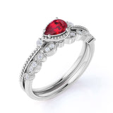 Vintage Milgrain Bezel Setting 1.50 Carat Pear Shape Lab Ruby and Art Deco Diamond Wedding Ring Set in White Gold