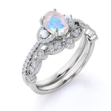 Antique Milgrain 1.75 Carat Oval Cut Blue Moonstone, pearl and Diamond Art Deco Bridal Set in White Gold