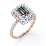 Clustered 1.75 Carat Emerald Cut Lab Created Alexandrite and Diamond Double Halo Pave Engagement Ring In White Gold.