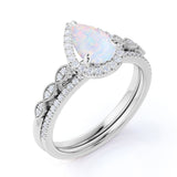 1.75 ct Antique Pear Shaped Fire Opal and Moissanite Wedding Ring Set in 18K White Gold over Silver