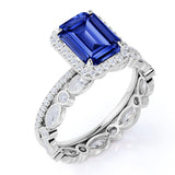 Classic Halo 2.25 Carat Emerald Cut Sapphire and Diamond Wedding Set with Eternity Band in White Gold