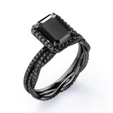 Crossover with Pave Accents - 1.75 TCW Emerald Cut Lab Created Black Diamond - Halo Bridal Ring Set in White Gold
