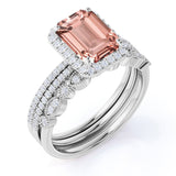 Beautiful 2 Carat Emerald Cut Morganite and Moissanite Trio Wedding Ring Set in White Gold