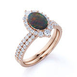 1.75 Ct Oval Cut Lab Created Black Opal Halo Wedding Ring Set