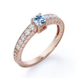 1.10 Carat Round Cut Aquamarine And Diamond Antique Engagement Ring In White Gold