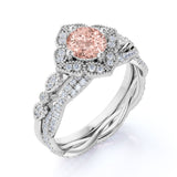 Art Deco 1.50 Carat Round Cut Peach Morganite and Diamond Bridal Ring Set in White Gold