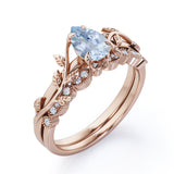 1.2 Carat Pear Cut Aquamarine And Diamond Leaf Art Deco Wedding Ring Set In White Gold