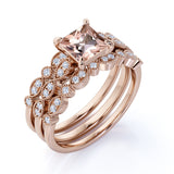 2 Carat Princess Cut Morganite and Moissanite Trio Wedding Ring Set in Rose Gold