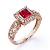 Designer Beaded 1.35 Carat Princess Cut  Lab Ruby And Diamond Halo Engagement Ring In White Gold