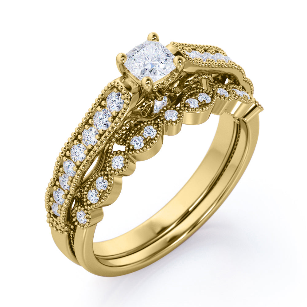 Vintage-inspired 1 carat Cushion Cut Moissanite and Diamond Wedding Set in White Gold - Anniversary Gift