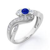 Double Milgrain Curve Infinity 0.7 carat Round Blue Sapphire and Moissanites Engagement Ring in White Gold