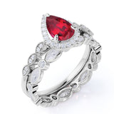 Antique Pave Set 2.25 Carat Pear Cut Lab Ruby and Diamond Halo Bridal Set with Eternity Band in White Gold