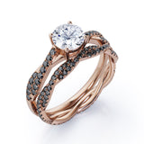 Double Twisted Eternity - 1.75 TCW Round Cut Moissanite with Lab Created Black Diamond - Basket Cathedral Bridal Ring Set in White Gold