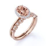 Art Deco Style 1.50 Carat Oval Cut Peach Morganite and Diamond Halo Wedding Set in Rose Gold