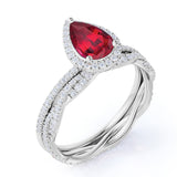 Classic Pave 2.25 Carat Pear Shape Lab Ruby and Diamond Halo Bridal Set with Infinity Band in White Gold