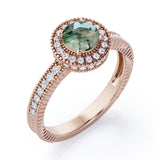 Decorative Halo 1 carat Round Moss Green Agate and Diamond Milgrain Engagement Ring in White Gold