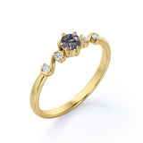 Dainty 6 Prong 0.60 Carat Round Cut Black Hair Dendritic Rutilated Quartz and Diamond Twist Engagement Ring