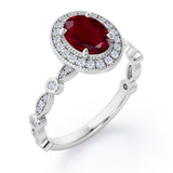 Vintage Halo 1.35 Carat Oval Cut  Lab Ruby And Diamond Art Deco Engagement Ring In Rose Gold