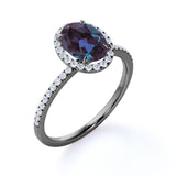 Minimalist 1.50 Carat Oval Cut Lab Made Alexandrite and Diamond Halo Pave Engagement Ring