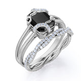 Artdeco scalloped 1.50 Carat Lab Black Diamond Wedding Ring Set for Women in Rose Gold