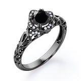 Cushion Framed 1.10 Carat Round Cut Black Diamond Halo Art Deco Engagement Ring In White Gold