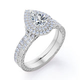 1.75 Carat Double Halo Vintage Moissanite and Diamond Pave Ring Pear Cut Milgrain Bridal Set in Rose Gold