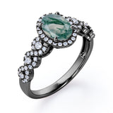 Twisted 1.45 Carat Oval Cut Green Moss Agate And Diamond Halo Engagement Ring In Black Gold