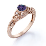 Non Traditional Three Stone 1 Carat Round Cut Lab Created Alexandrite and Diamond Art Deco Filigree Engagement Ring in White Gold for Women