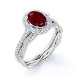 Antique Design 2.25 Carat Oval Cut Lab Ruby and Diamond Halo Wedding Set with Infinity Band in White Gold