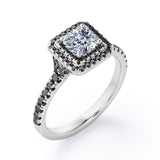 Double Halo Design - 1.45 TCW Princess Cut Moissanite with Lab Created Black Diamond - Engagement Ring with Pave Accents in Black Gold