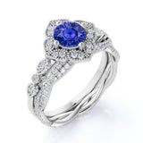 Art Deco Milgrain 2.25 Carat Round Cut Sapphire and Diamond Halo Wedding Set with Infinity Band in White Gold