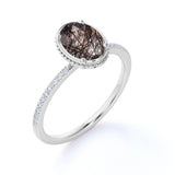 Classic Bezel Set 1.25 Carat Oval Cut Solid Dendritic Black Brown Rutilated Quartz and Diamond Pave Engagement Ring