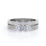 1.25 Carat Round Cut Near Colorless Moissanite And Diamond Three Stone Wedding Ring Set In White Gold