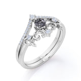 Non Traditional Solitaire 0.75 Carat Round Cut Black Rutilated Quartz and Diamond Filigree Bridal Set Rings