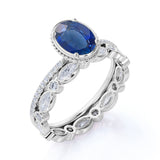 Eternity Bezel Set 1.50 Carat Oval Cut Sapphire and Diamond Micro Pave Wedding Ring Set with Art Deco Band in White Gold