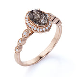 Halo 1.50 ct Oval Black Rutilated Quartz Art Deco Engagement Ring
