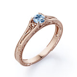 Dainty Solitaire 0.5 Carat Round Cut Real Aqua Sky Blue Aquamarine Filigree Engagement Ring