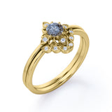 Sunburst Bezel Set 0.65 Carat Round Druzy Black Rutilated Quartz and Diamond Art Deco Dainty Wedding Set Rings